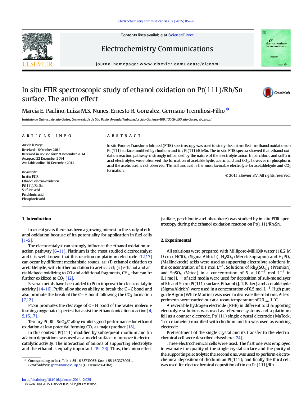 In situ FTIR spectroscopic study of ethanol oxidation on Pt(111)/Rh/Sn surface. The anion effect