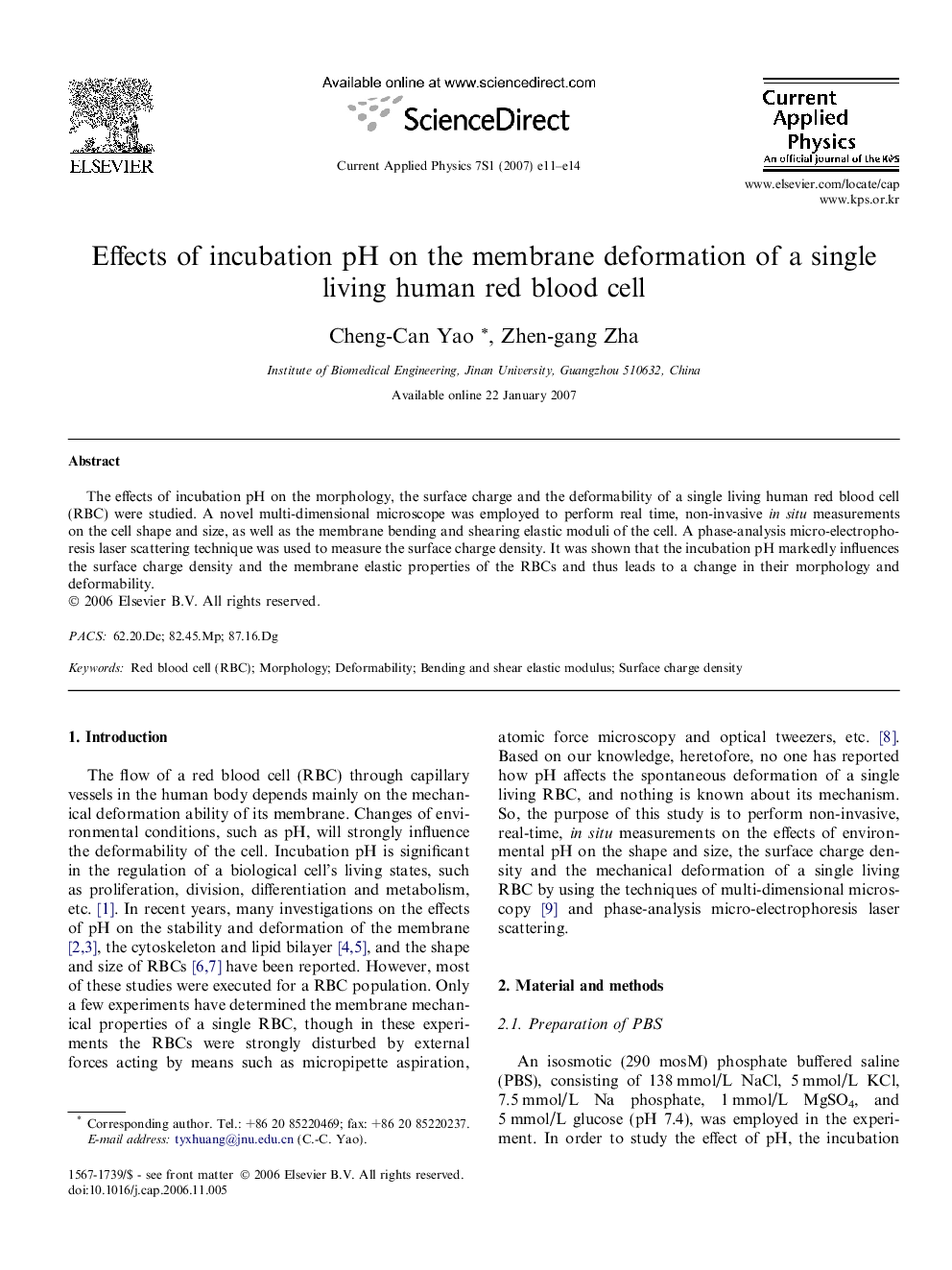 Effects of incubation pH on the membrane deformation of a single living human red blood cell