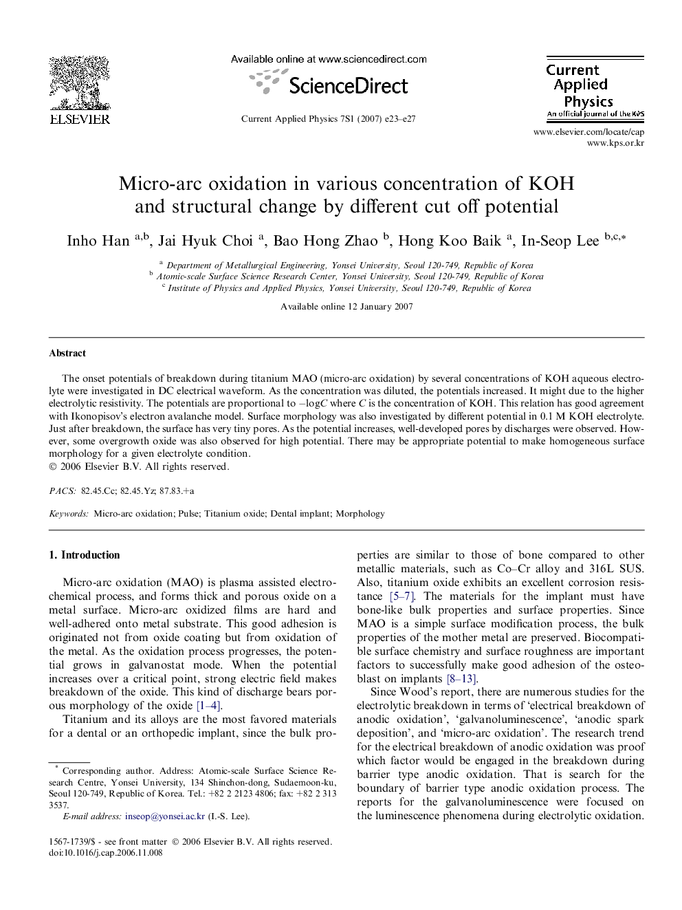 Micro-arc oxidation in various concentration of KOH and structural change by different cut off potential