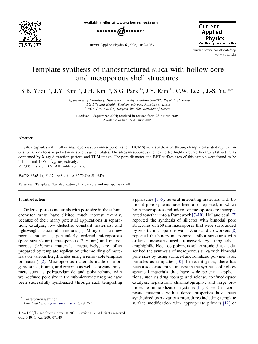 Template synthesis of nanostructured silica with hollow core and mesoporous shell structures