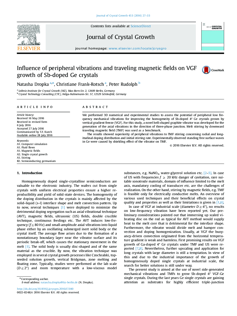 Influence of peripheral vibrations and traveling magnetic fields on VGF growth of Sb-doped Ge crystals