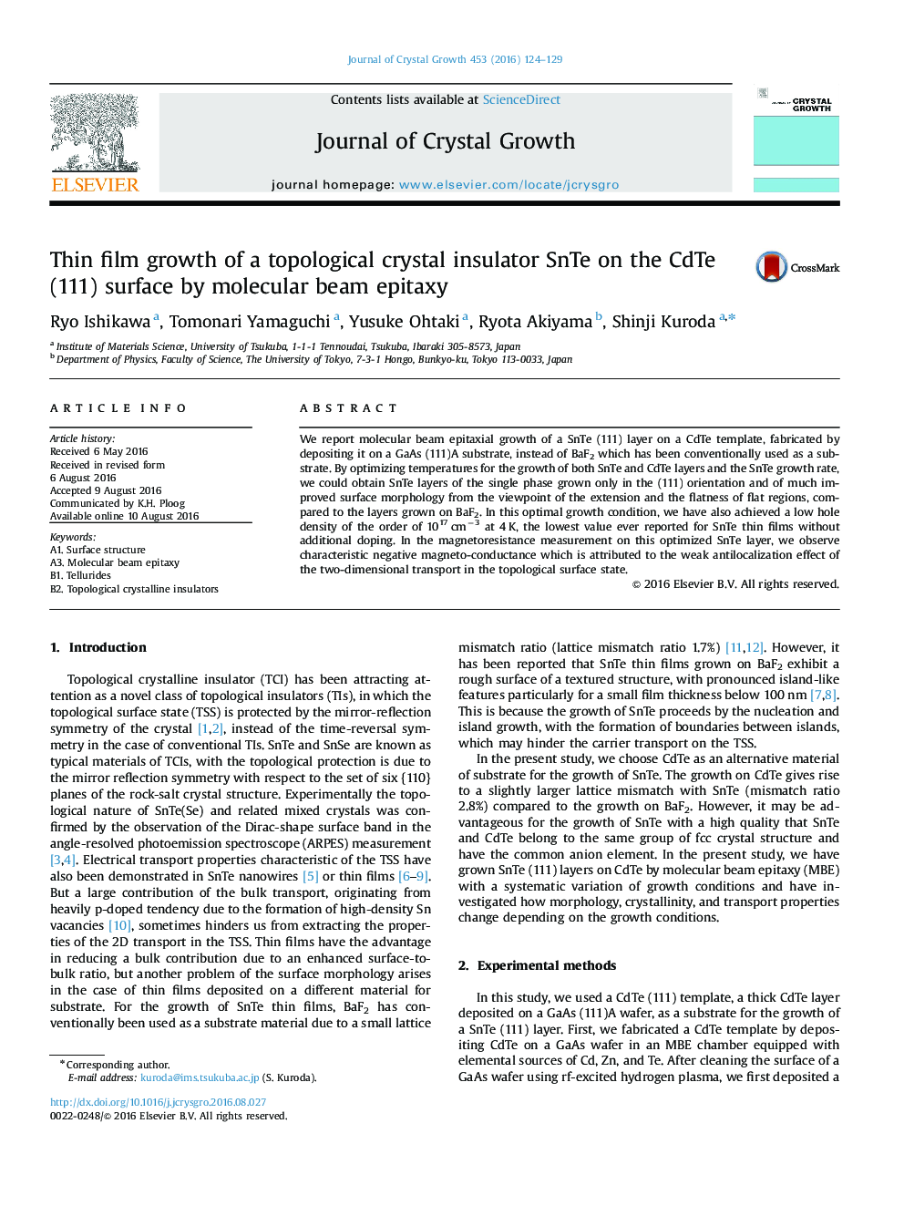 Thin film growth of a topological crystal insulator SnTe on the CdTe (111) surface by molecular beam epitaxy