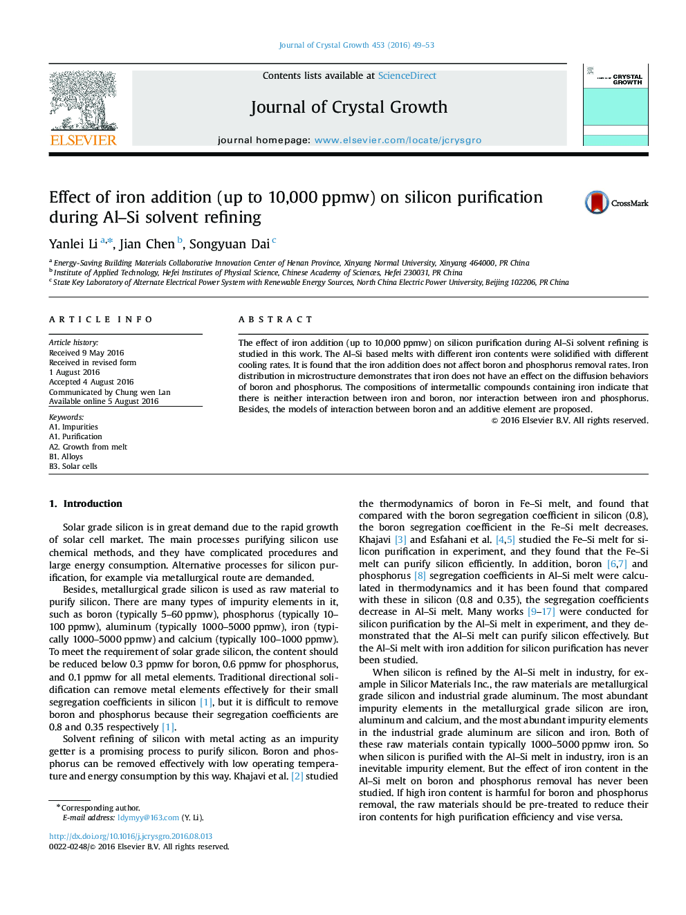 Effect of iron addition (up to 10,000 ppmw) on silicon purification during Al–Si solvent refining