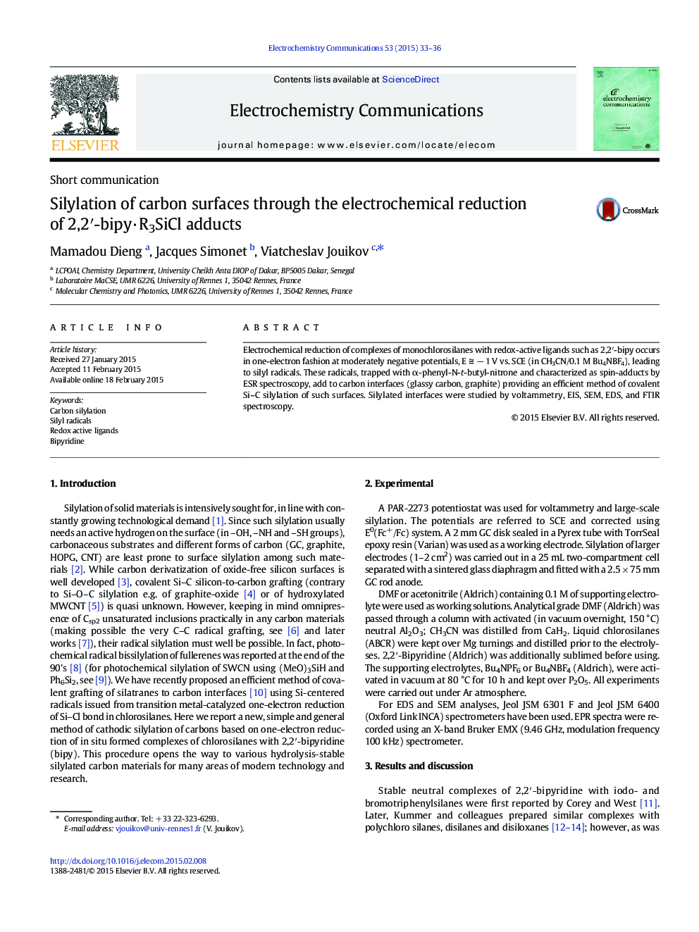 Silylation of carbon surfaces through the electrochemical reduction of 2,2′-bipy·R3SiCl adducts