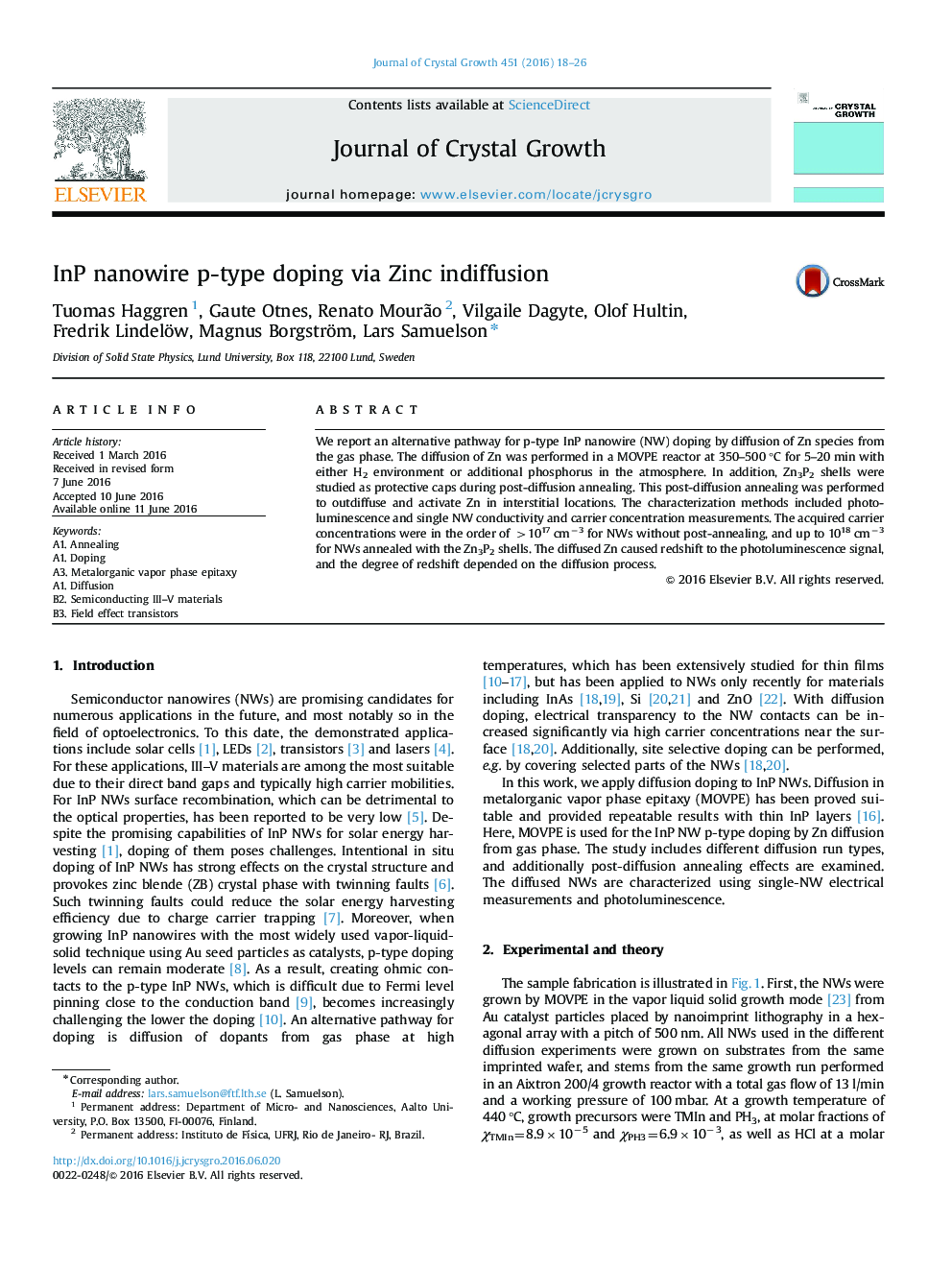 InP nanowire p-type doping via Zinc indiffusion