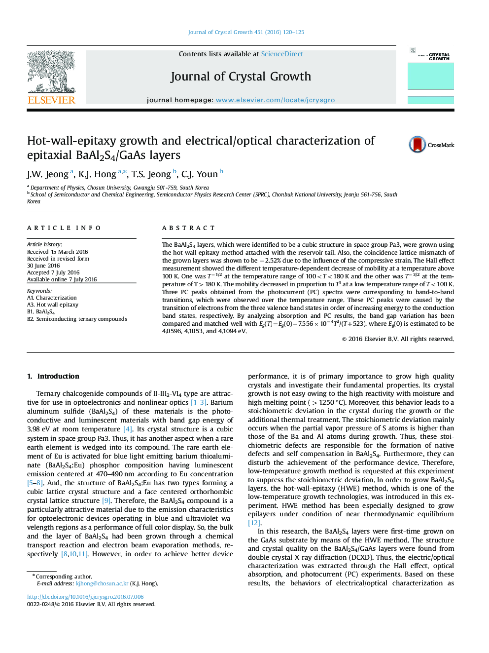 Hot-wall-epitaxy growth and electrical/optical characterization of epitaxial BaAl2S4/GaAs layers