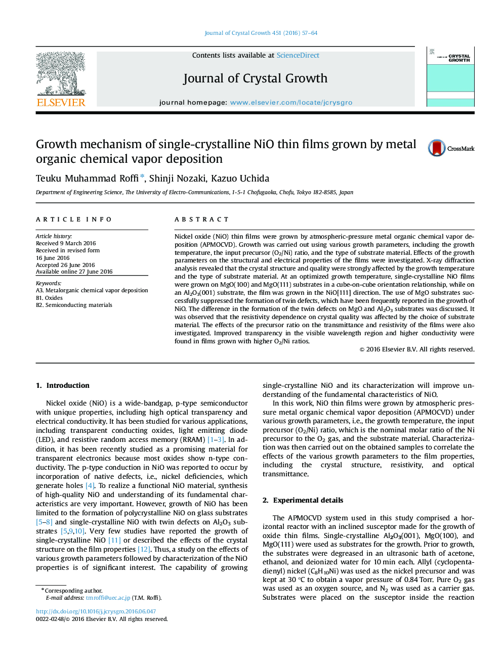 Growth mechanism of single-crystalline NiO thin films grown by metal organic chemical vapor deposition