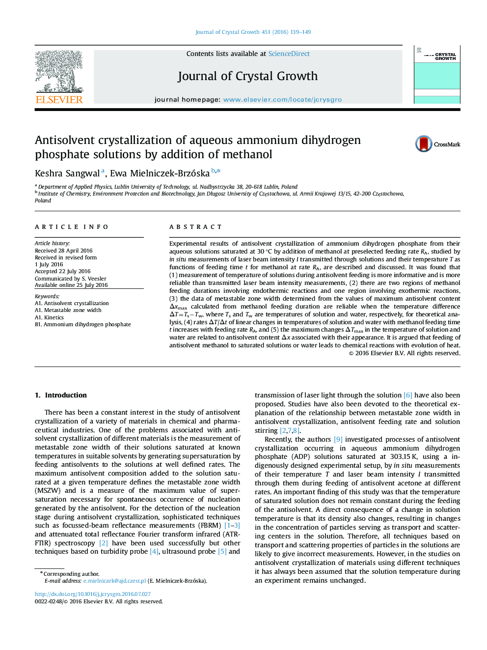 Antisolvent crystallization of aqueous ammonium dihydrogen phosphate solutions by addition of methanol