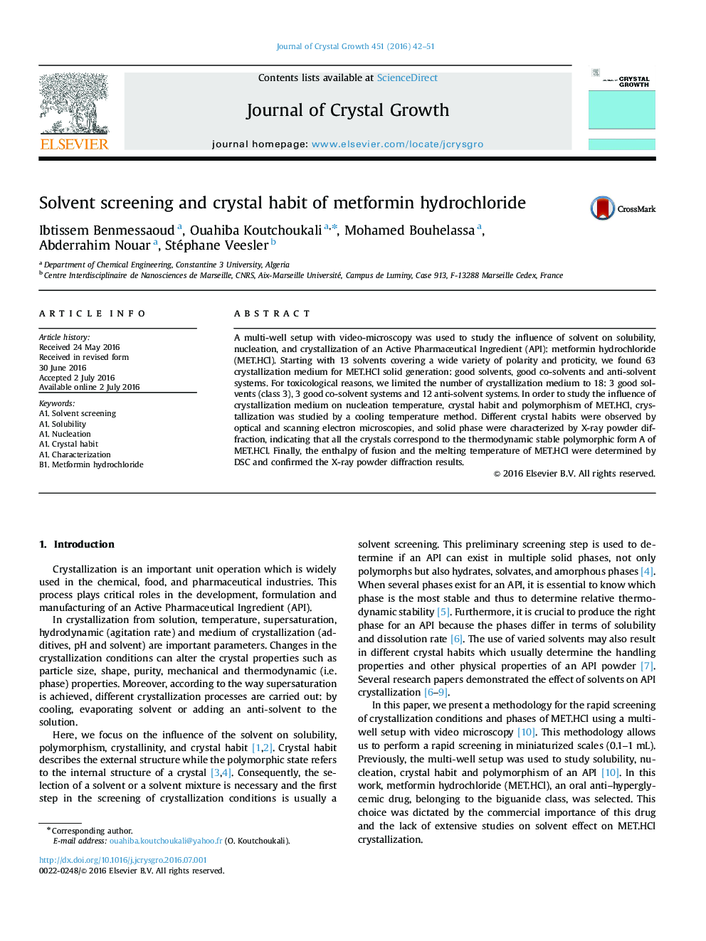 Solvent screening and crystal habit of metformin hydrochloride