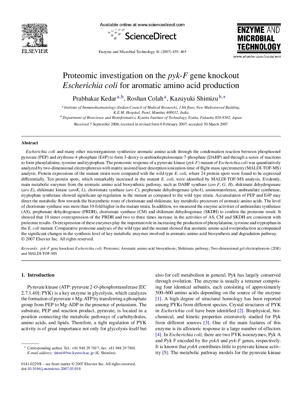 Proteomic investigation on the pyk-F gene knockout Escherichia coli for aromatic amino acid production