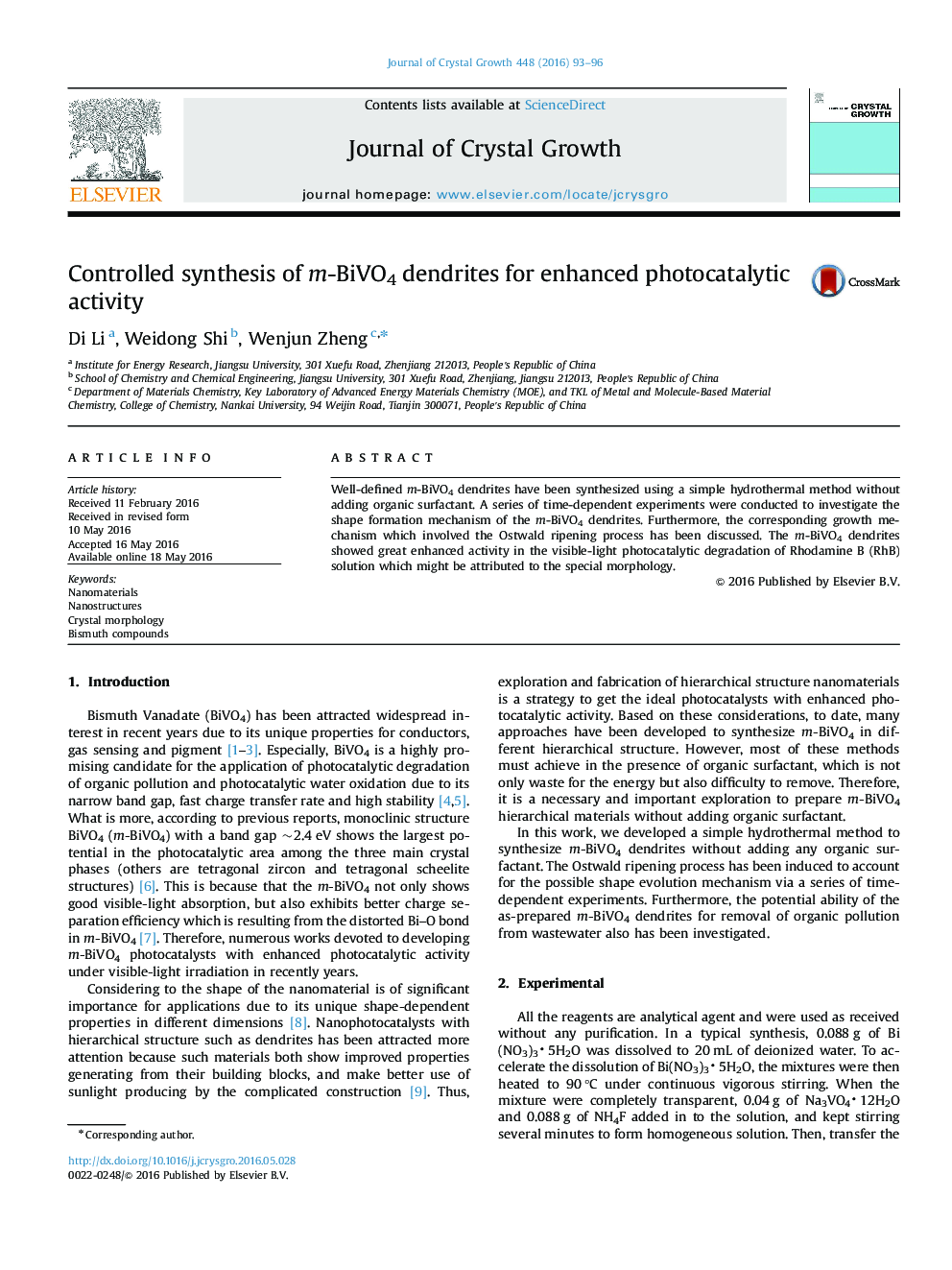 Controlled synthesis of m-BiVO4 dendrites for enhanced photocatalytic activity