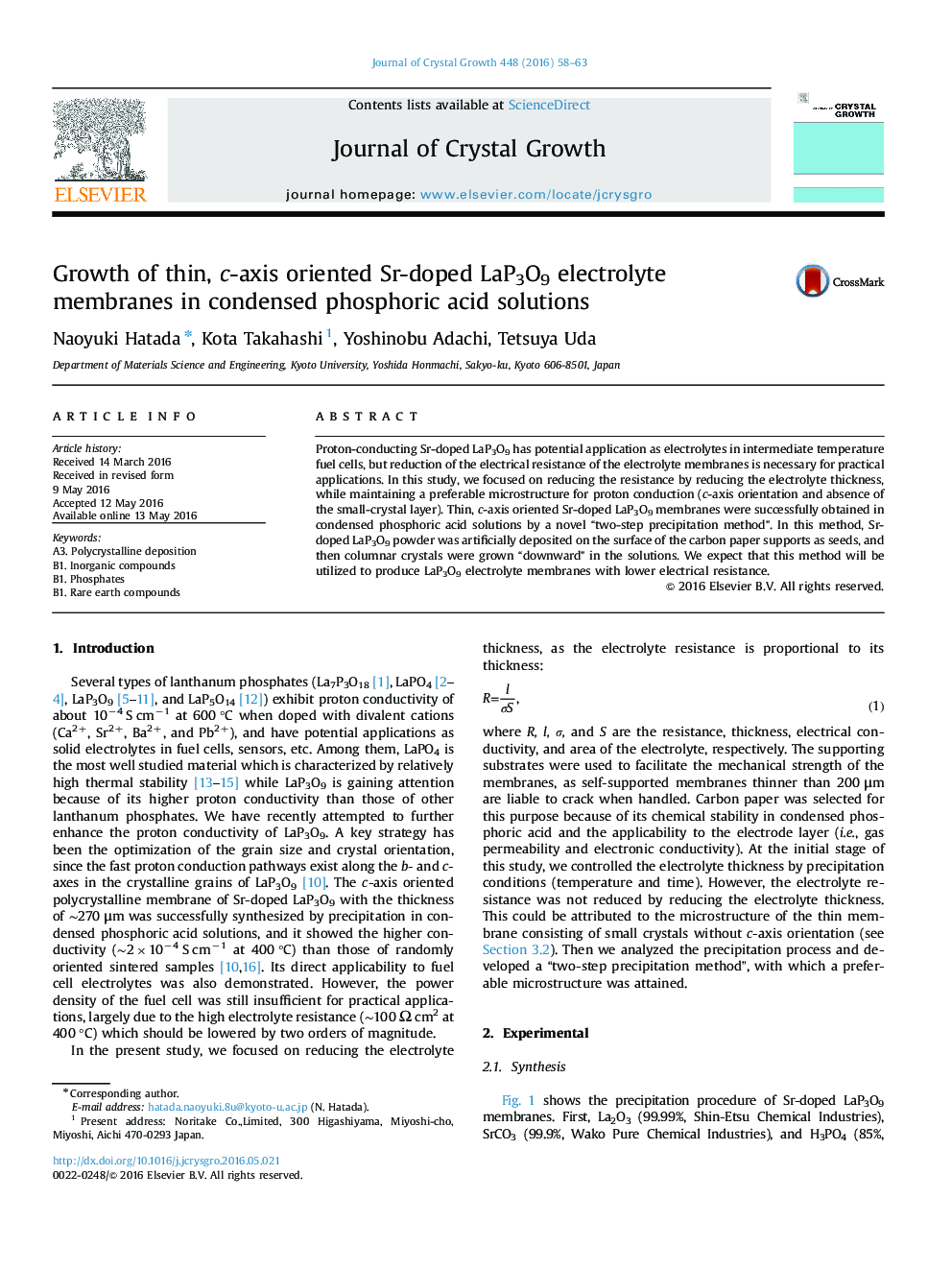 Growth of thin, c-axis oriented Sr-doped LaP3O9 electrolyte membranes in condensed phosphoric acid solutions