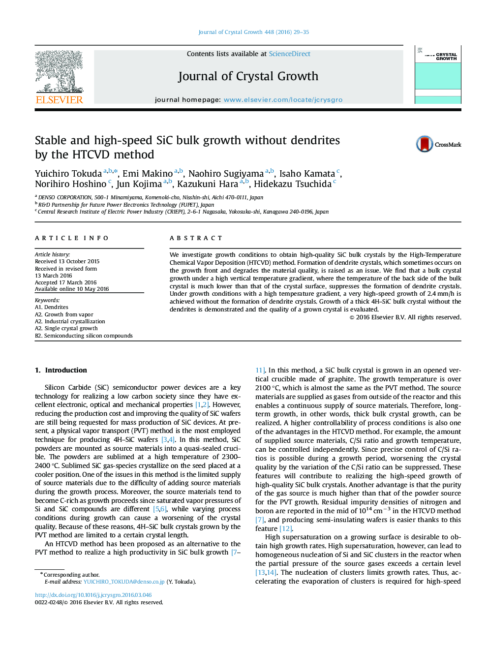 عکس صفحه اول مقاله: Stable and high-speed SiC bulk growth without dendrites by the HTCVD method Stable and high-speed SiC bulk growth without dendrites by the HTCVD method