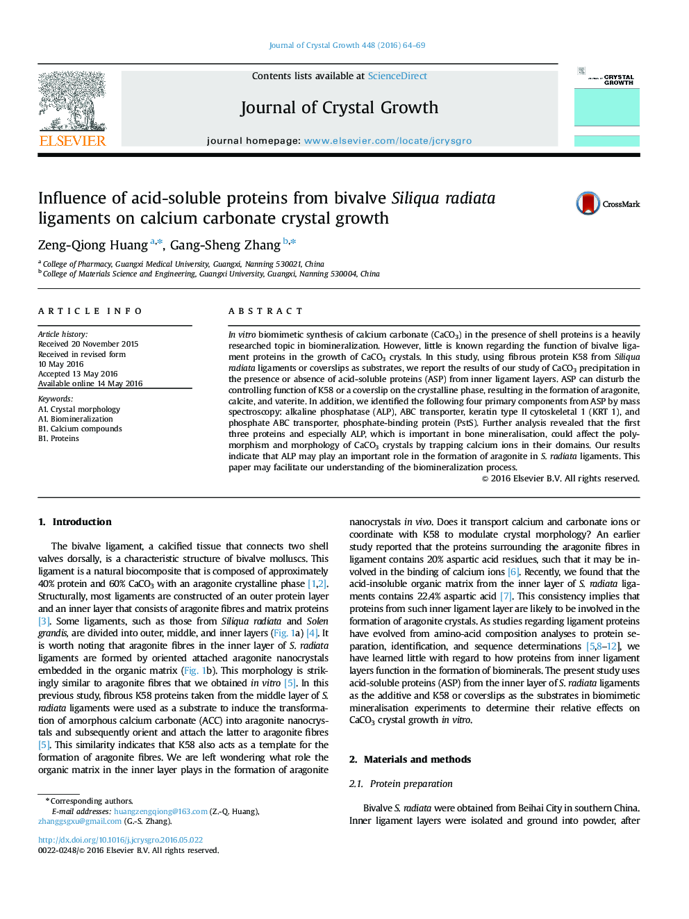 Influence of acid-soluble proteins from bivalve Siliqua radiata ligaments on calcium carbonate crystal growth