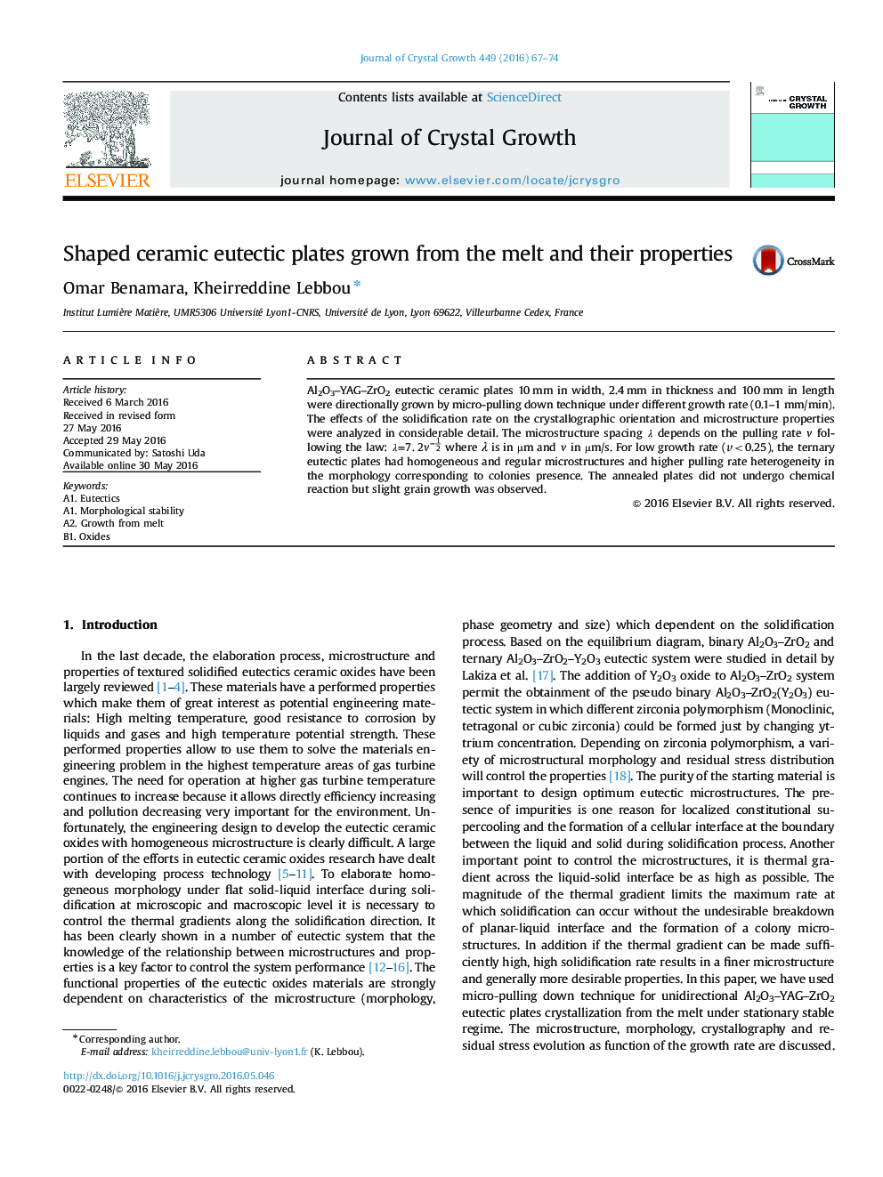 Shaped ceramic eutectic plates grown from the melt and their properties