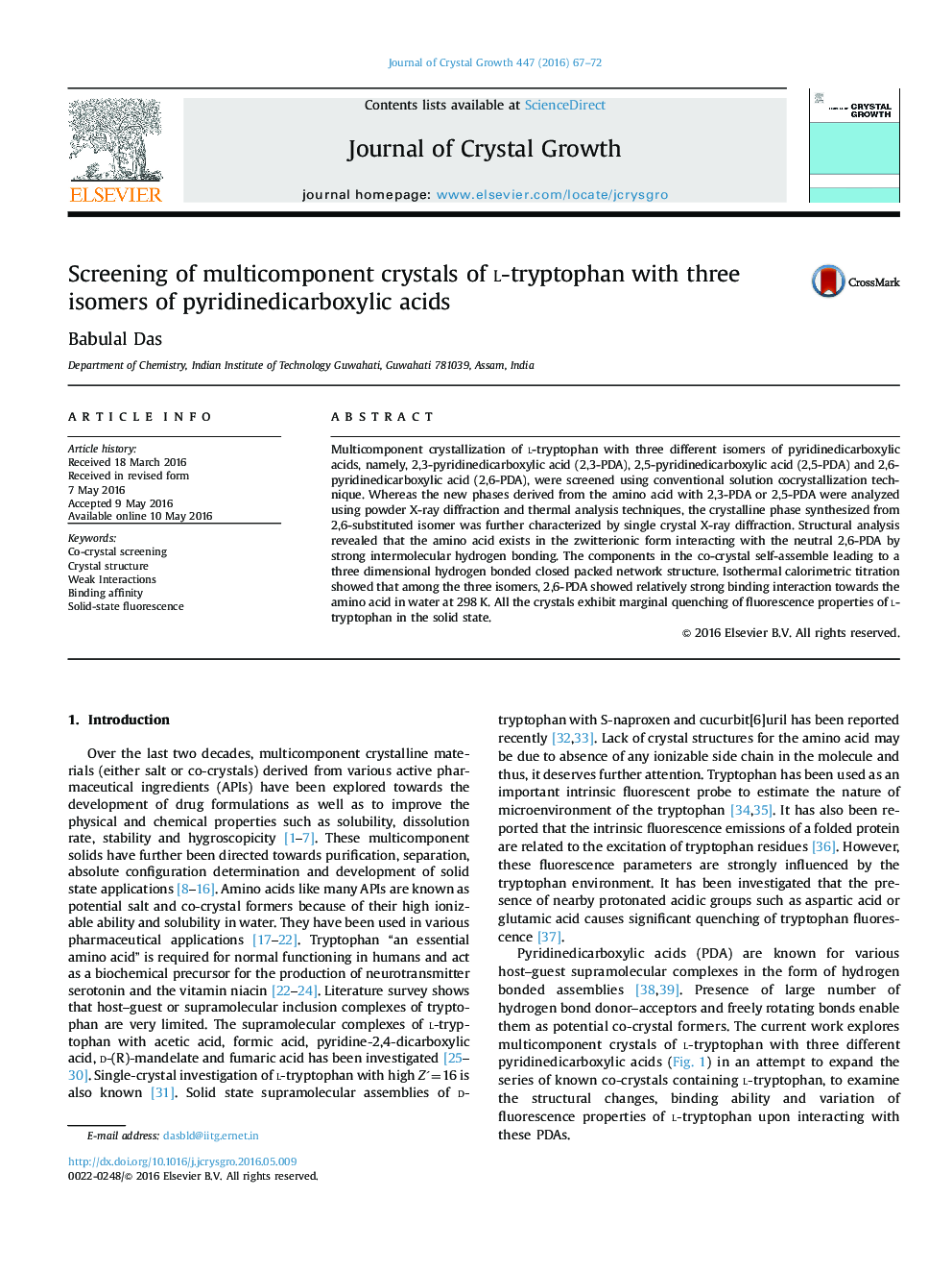 Screening of multicomponent crystals of l-tryptophan with three isomers of pyridinedicarboxylic acids