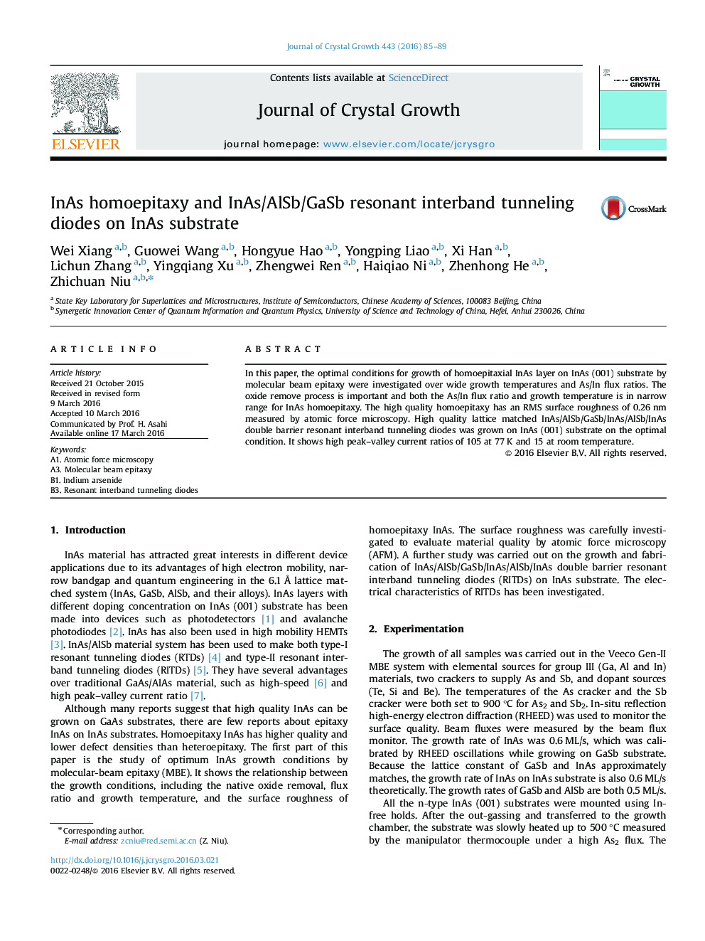 InAs homoepitaxy and InAs/AlSb/GaSb resonant interband tunneling diodes on InAs substrate