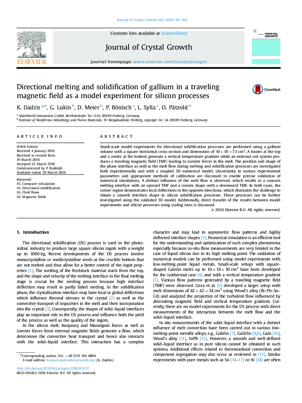 Directional melting and solidification of gallium in a traveling magnetic field as a model experiment for silicon processes