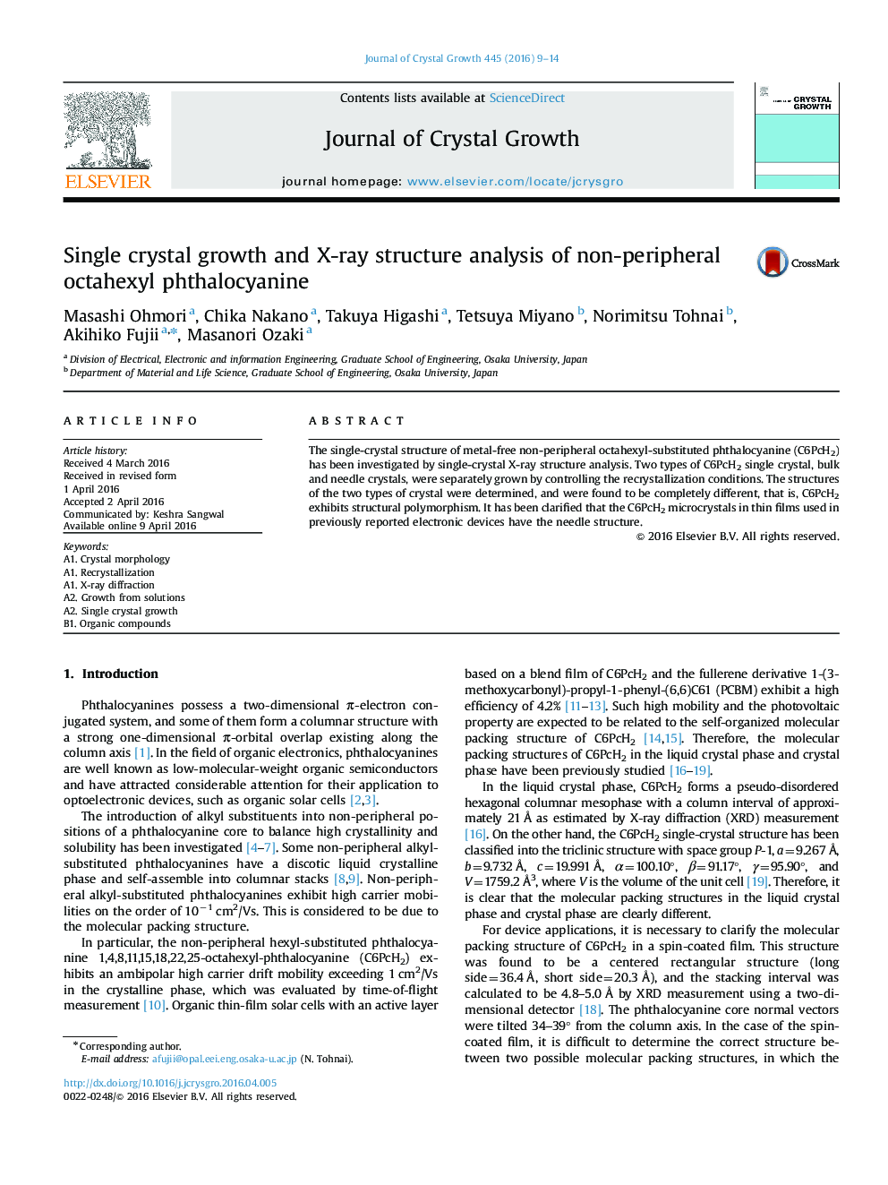 Single crystal growth and X-ray structure analysis of non-peripheral octahexyl phthalocyanine