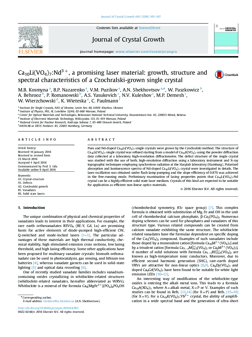 Ca10Li(VO4)7:Nd3+, a promising laser material: growth, structure and spectral characteristics of a Czochralski-grown single crystal