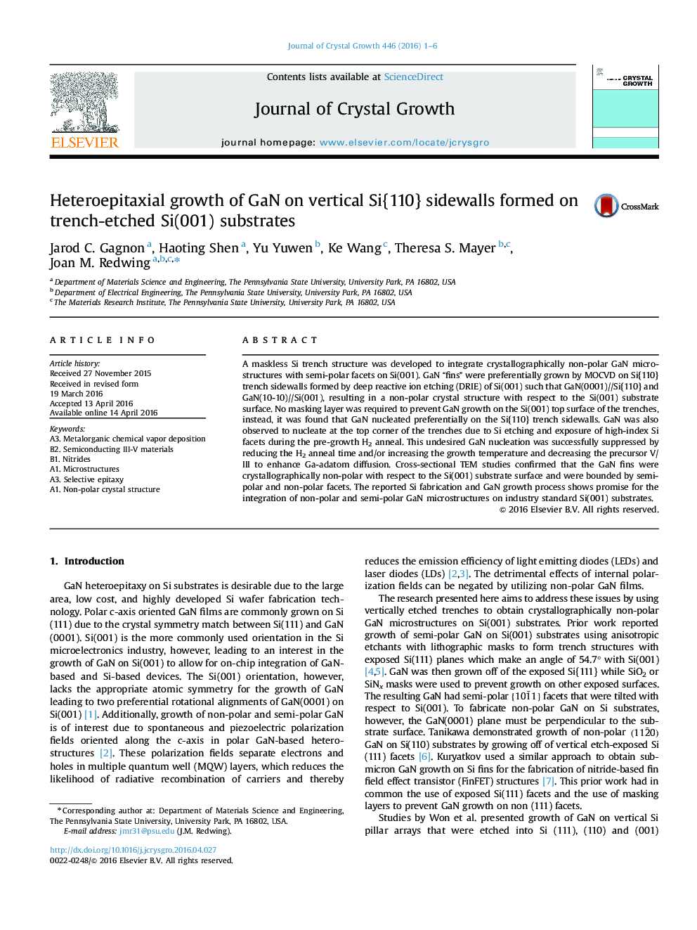 Heteroepitaxial growth of GaN on vertical Si{110} sidewalls formed on trench-etched Si(001) substrates