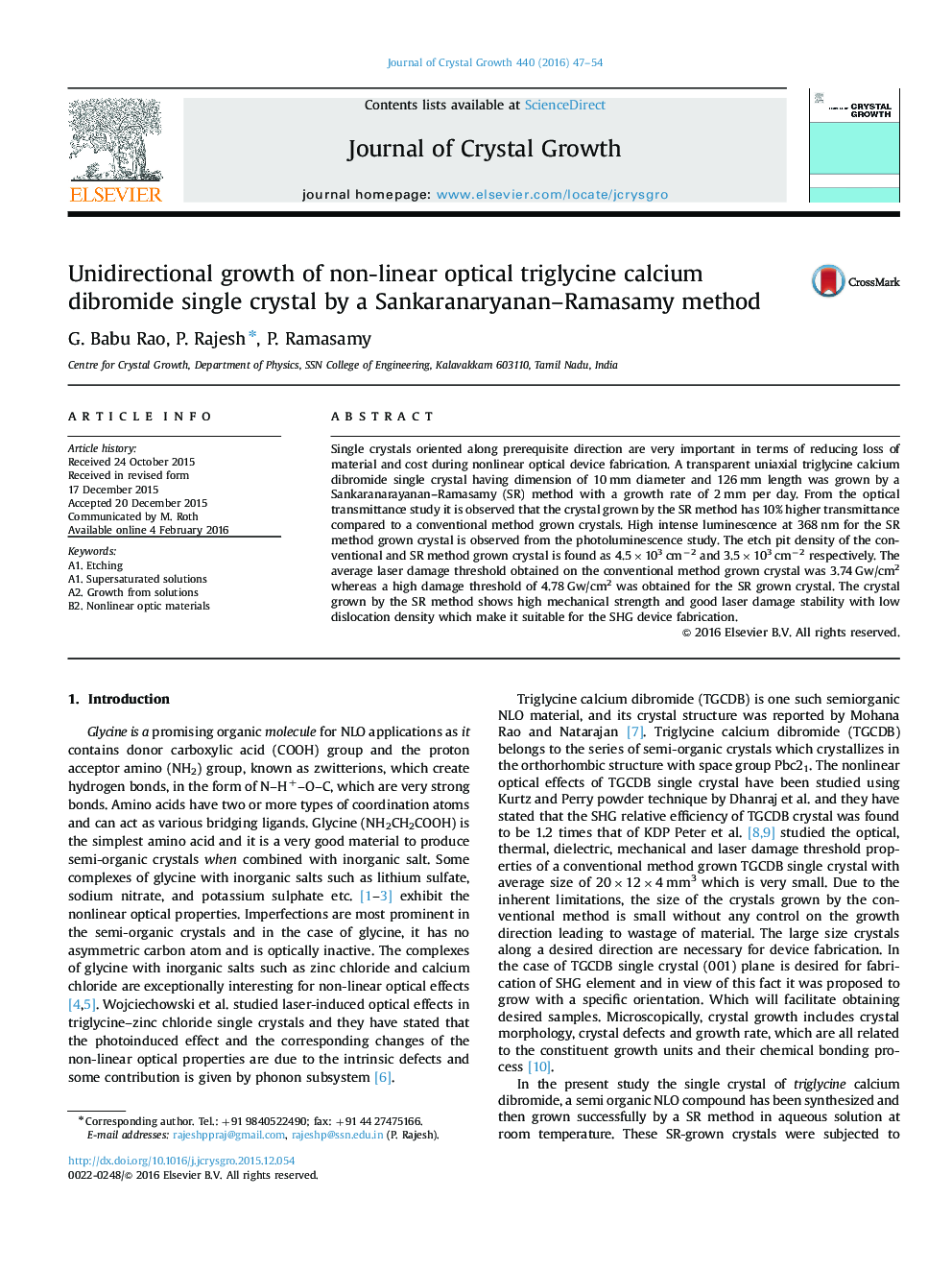 Unidirectional growth of non-linear optical triglycine calcium dibromide single crystal by a Sankaranaryanan–Ramasamy method