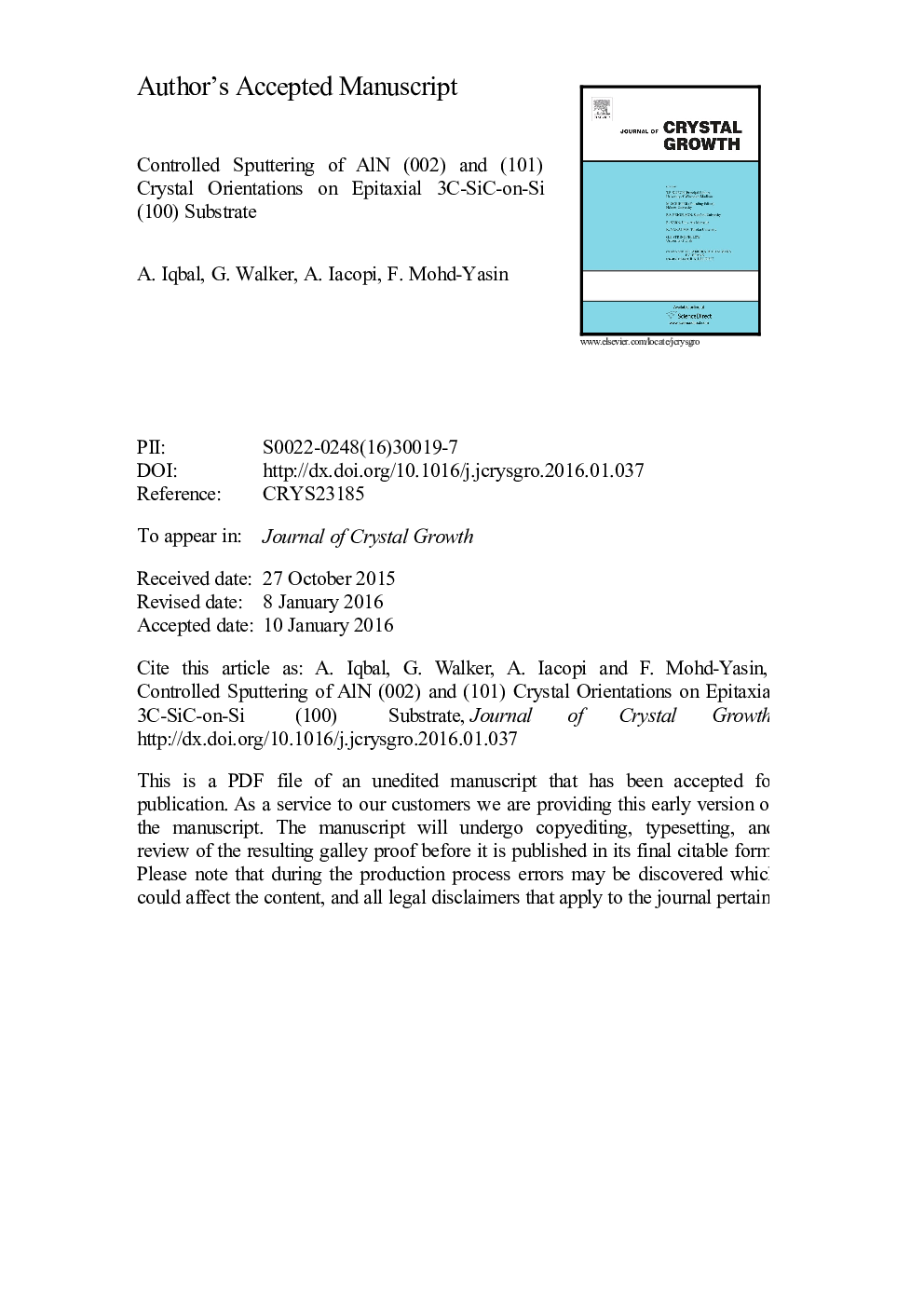 Controlled sputtering of AlN (002) and (101) crystal orientations on epitaxial 3C-SiC-on-Si (100) substrate