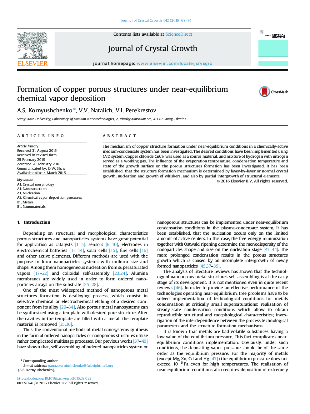 Formation of copper porous structures under near-equilibrium chemical vapor deposition