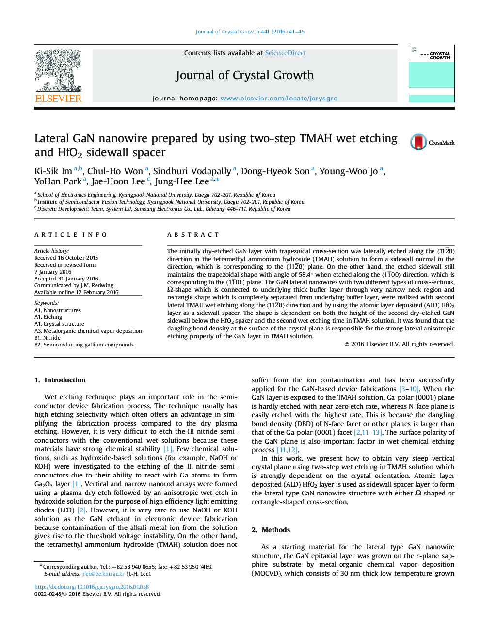 Lateral GaN nanowire prepared by using two-step TMAH wet etching and HfO2 sidewall spacer