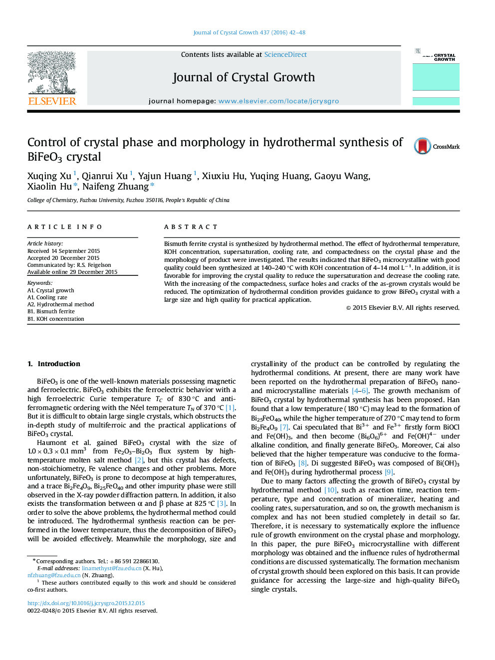 Control of crystal phase and morphology in hydrothermal synthesis of BiFeO3 crystal