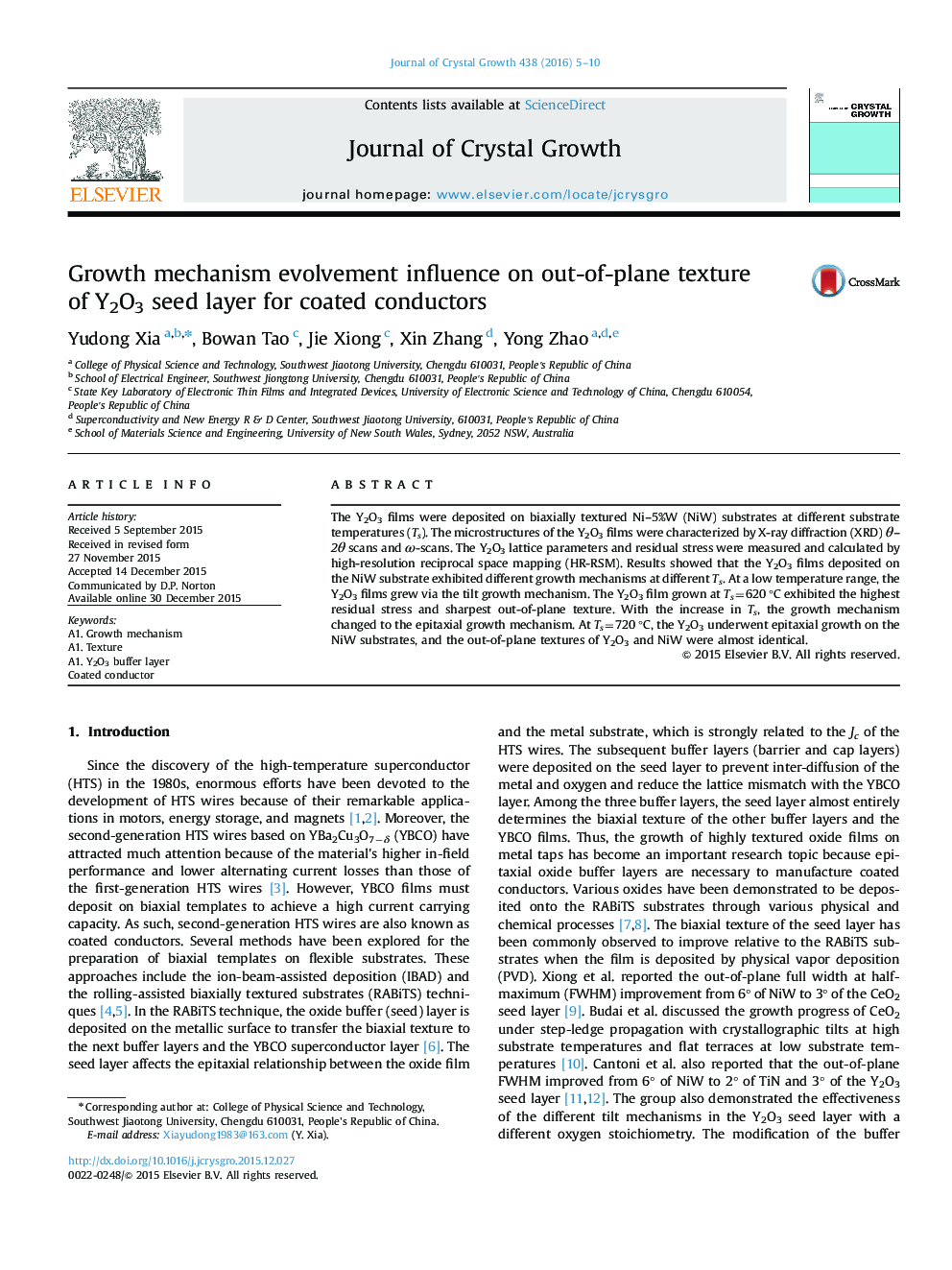 Growth mechanism evolvement influence on out-of-plane texture of Y2O3 seed layer for coated conductors