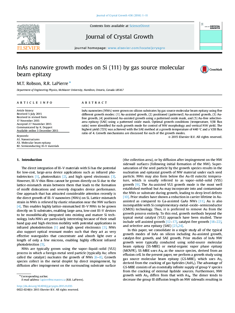 InAs nanowire growth modes on Si (111) by gas source molecular beam epitaxy