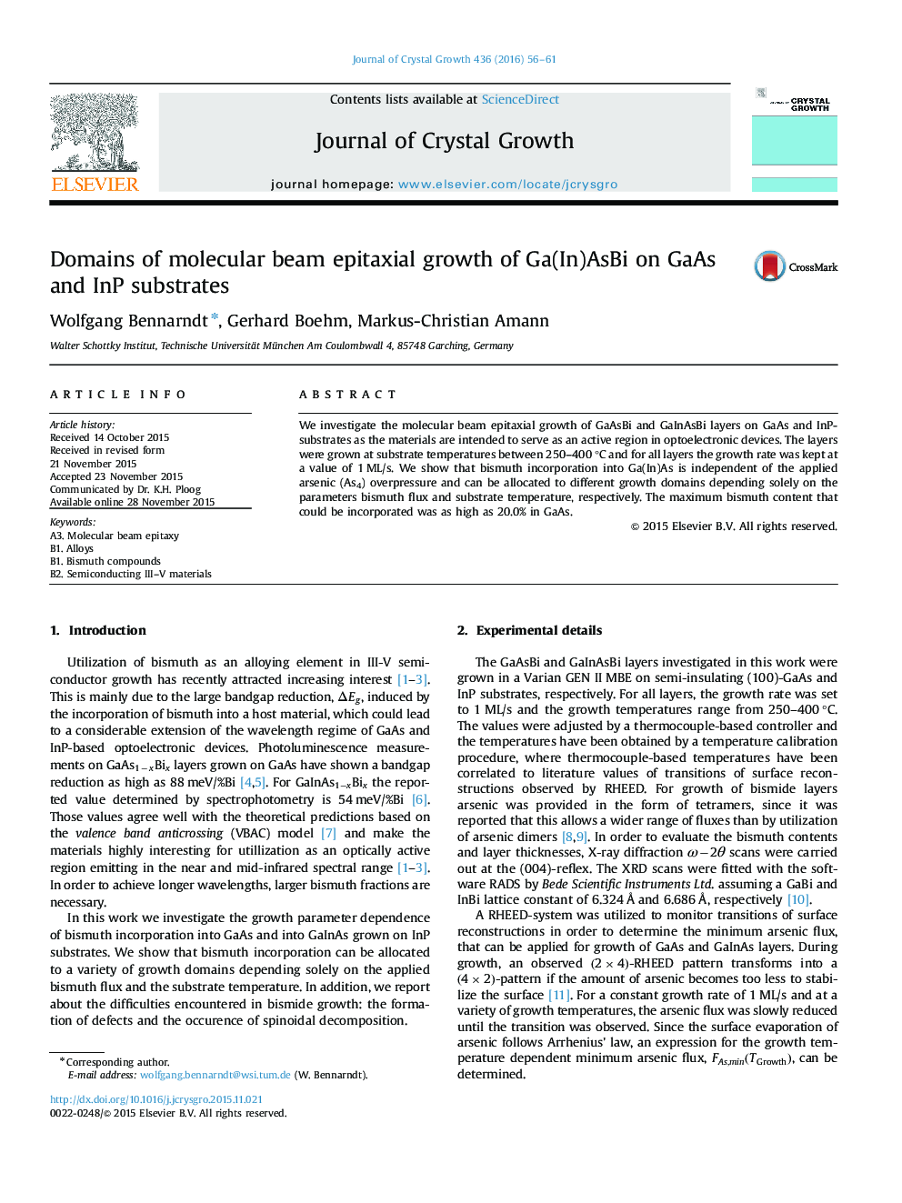 Domains of molecular beam epitaxial growth of Ga(In)AsBi on GaAs and InP substrates