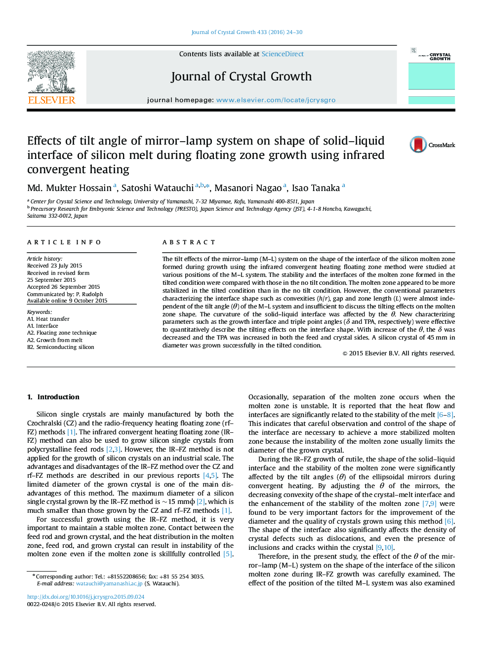 Effects of tilt angle of mirror–lamp system on shape of solid–liquid interface of silicon melt during floating zone growth using infrared convergent heating