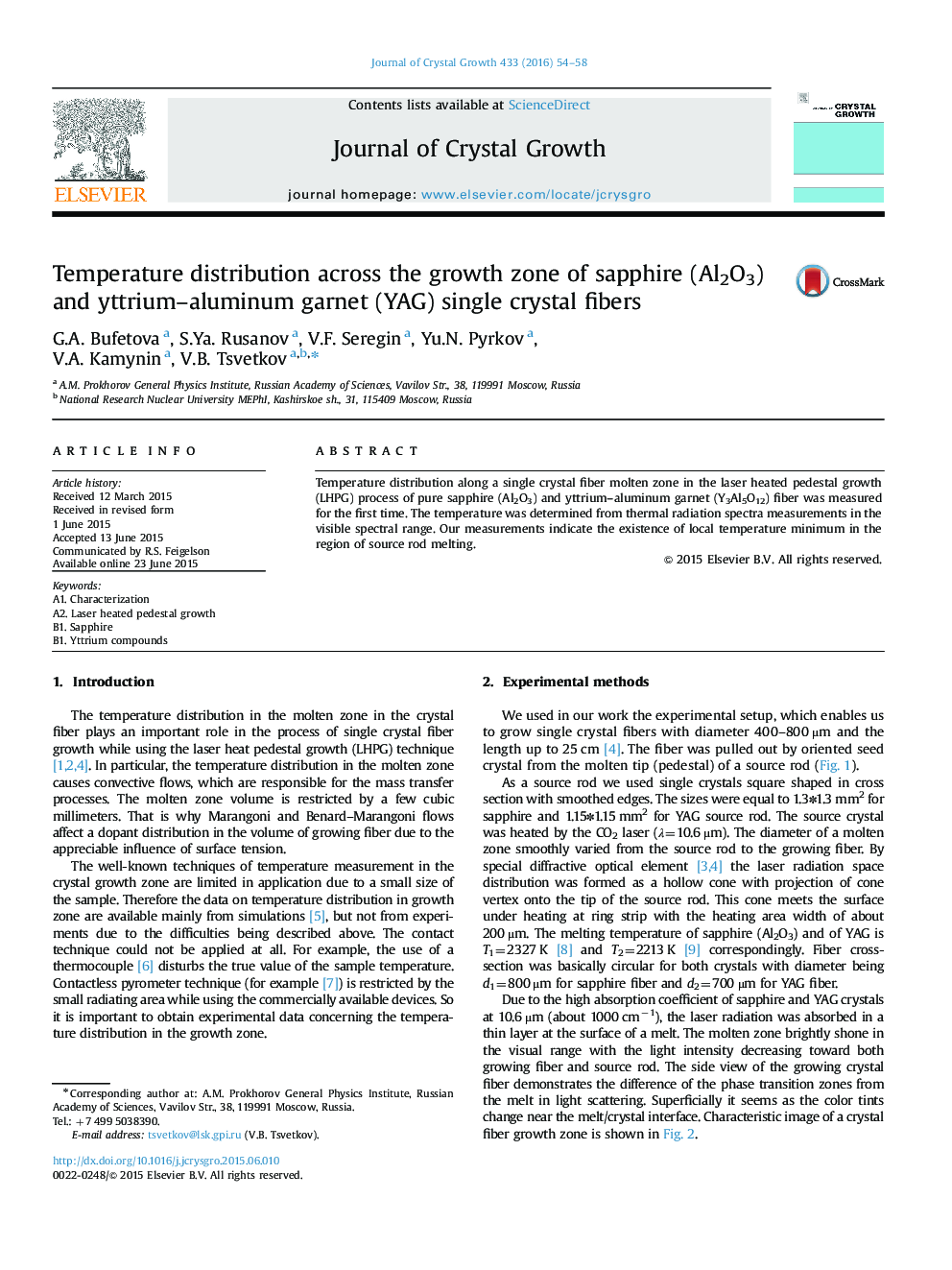 Temperature distribution across the growth zone of sapphire (Al2O3) and yttrium–aluminum garnet (YAG) single crystal fibers