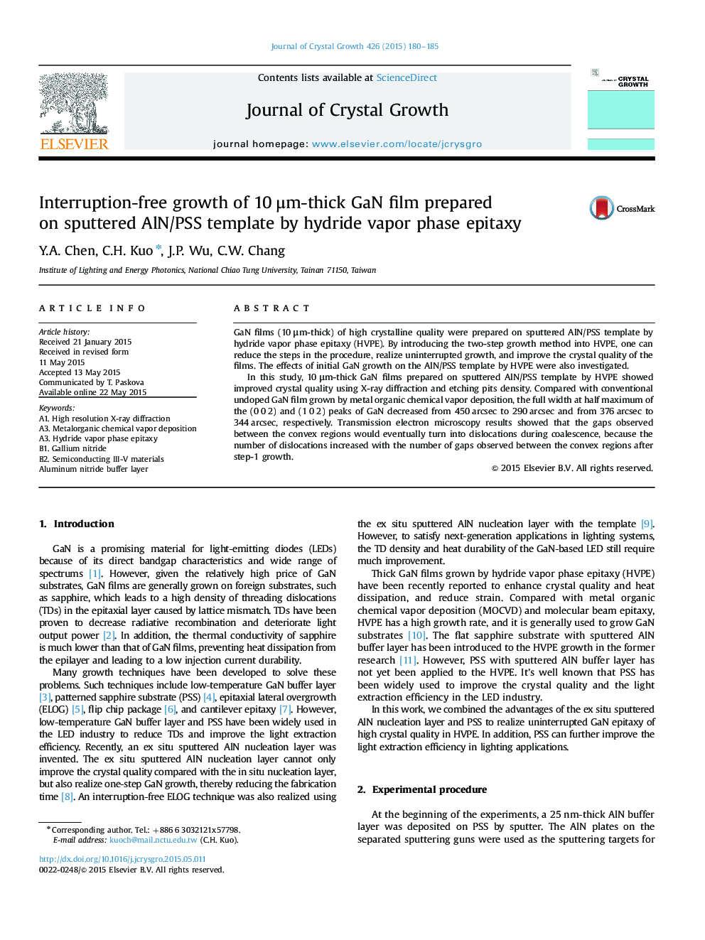 Interruption-free growth of 10 μm-thick GaN film prepared on sputtered AlN/PSS template by hydride vapor phase epitaxy