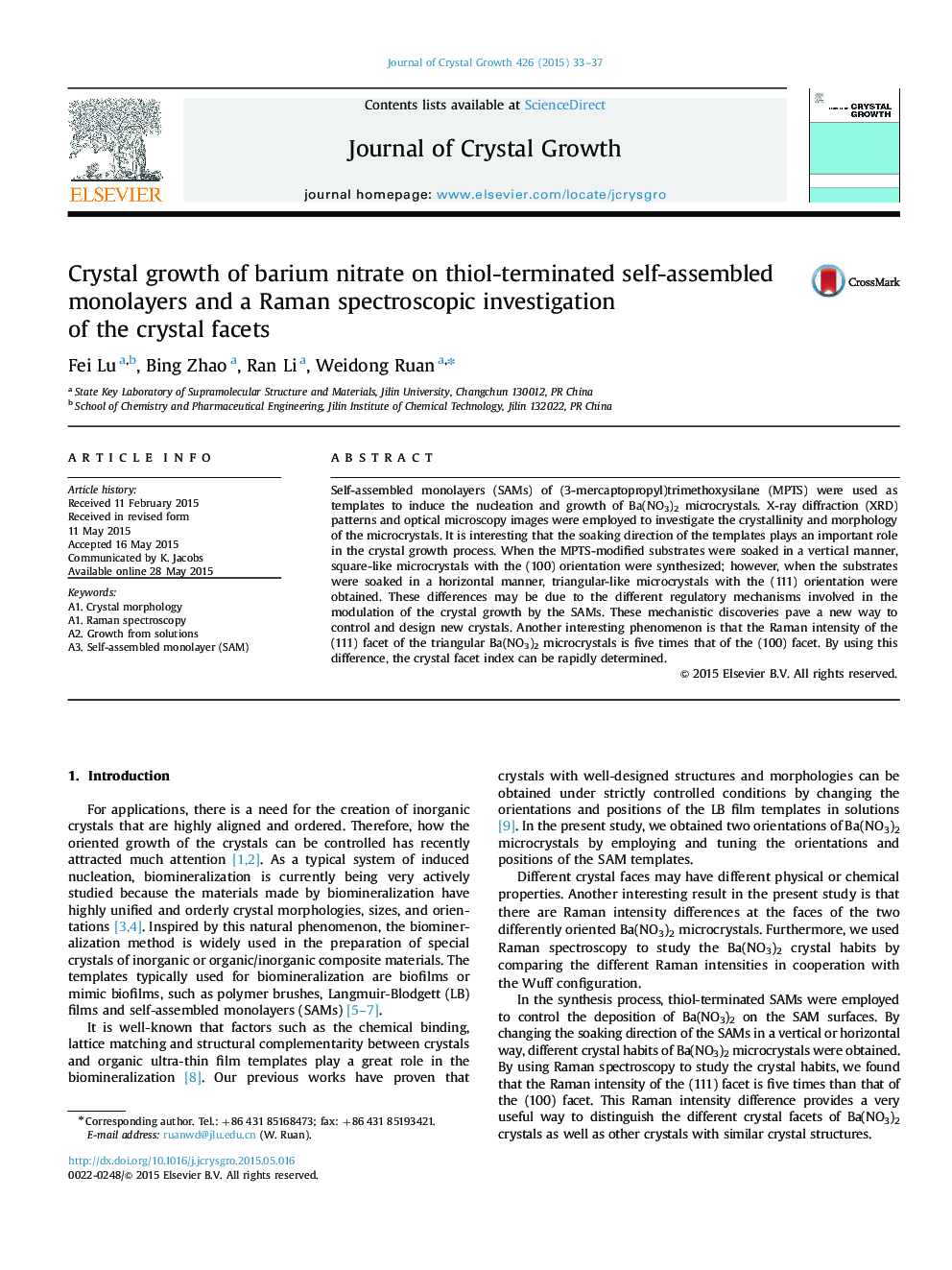 Crystal growth of barium nitrate on thiol-terminated self-assembled monolayers and a Raman spectroscopic investigation of the crystal facets