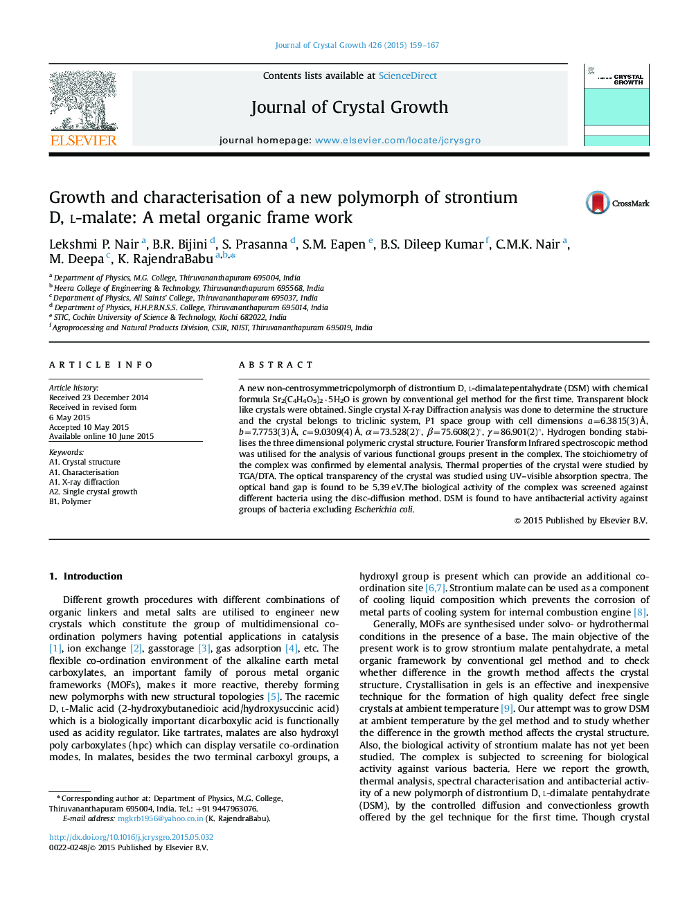 Growth and characterisation of a new polymorph of strontium D, l-malate: A metal organic frame work