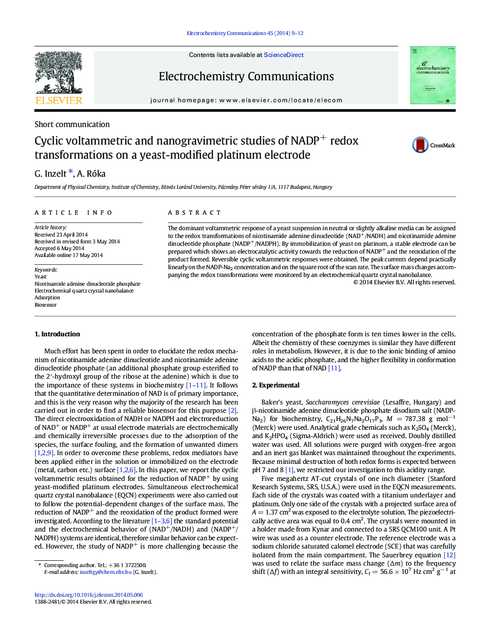 Cyclic voltammetric and nanogravimetric studies of NADP+ redox transformations on a yeast-modified platinum electrode