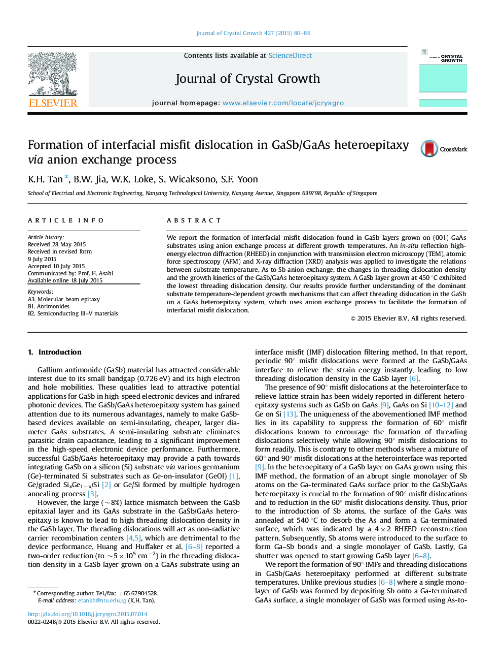 Formation of interfacial misfit dislocation in GaSb/GaAs heteroepitaxy via anion exchange process