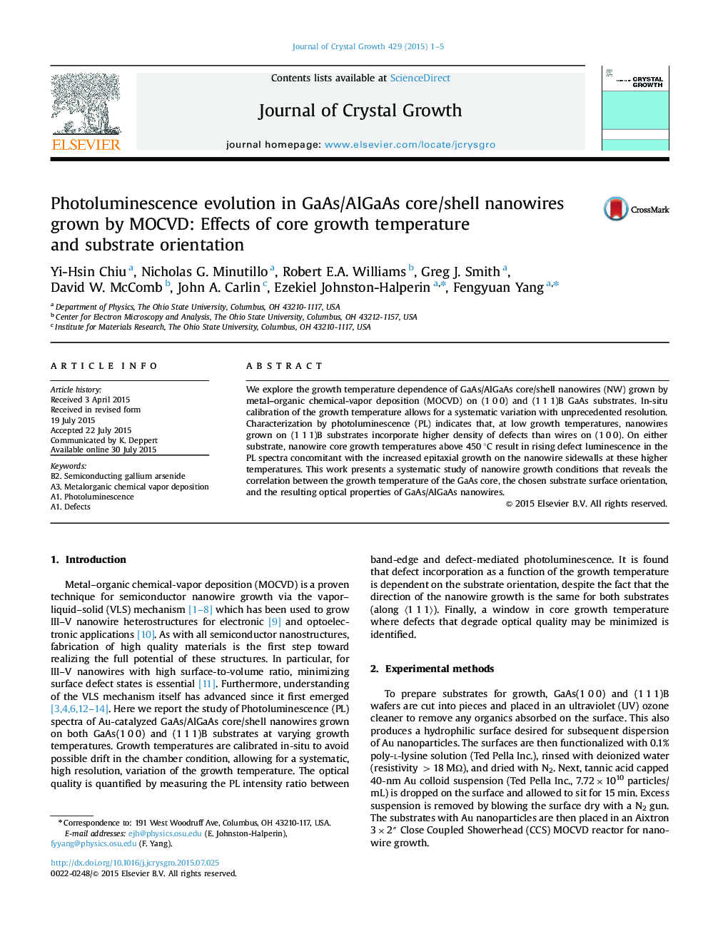 Photoluminescence evolution in GaAs/AlGaAs core/shell nanowires grown by MOCVD: Effects of core growth temperature and substrate orientation