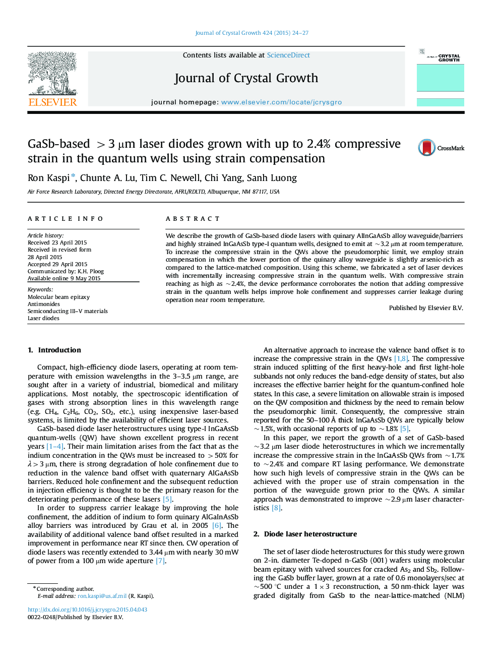 GaSb-based >3 µm laser diodes grown with up to 2.4% compressive strain in the quantum wells using strain compensation