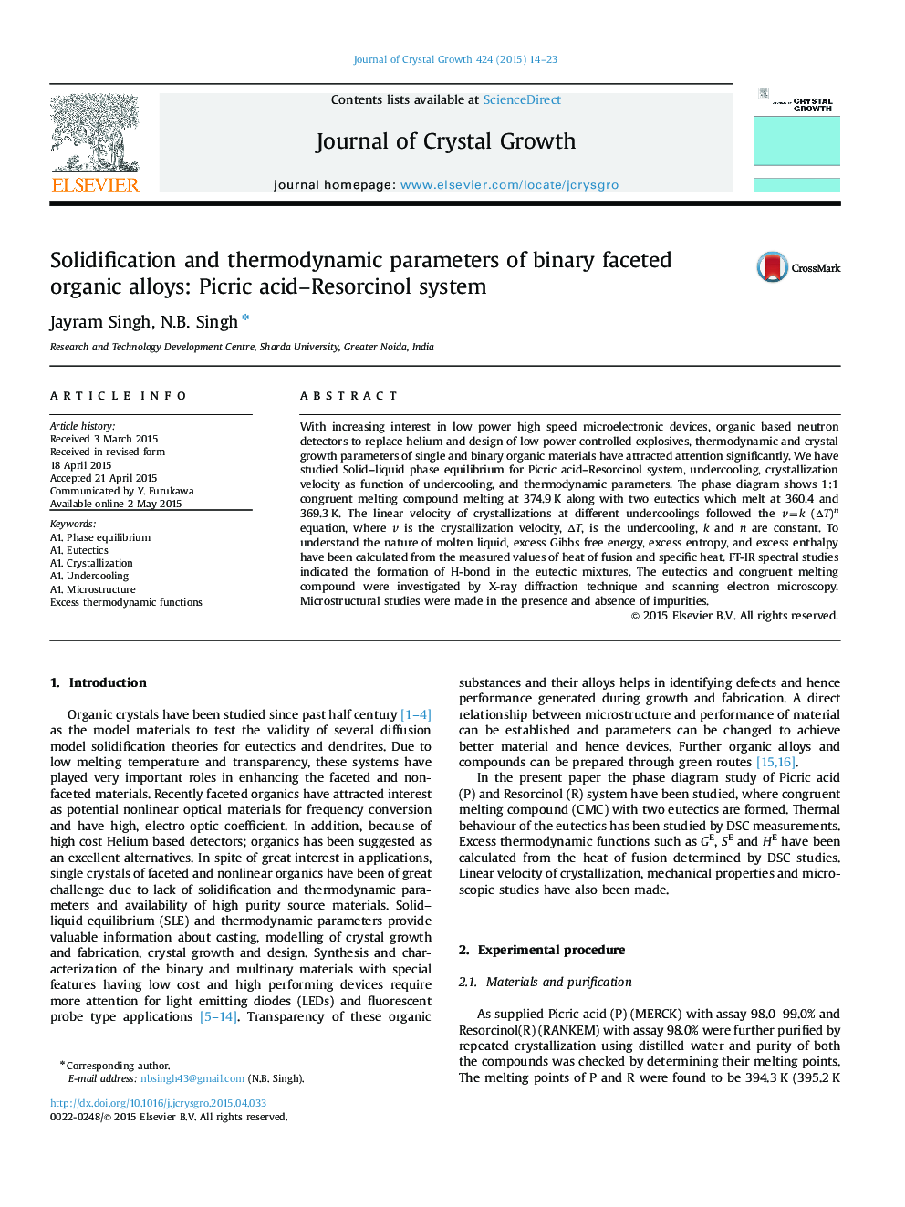 Solidification and thermodynamic parameters of binary faceted organic alloys: Picric acid–Resorcinol system