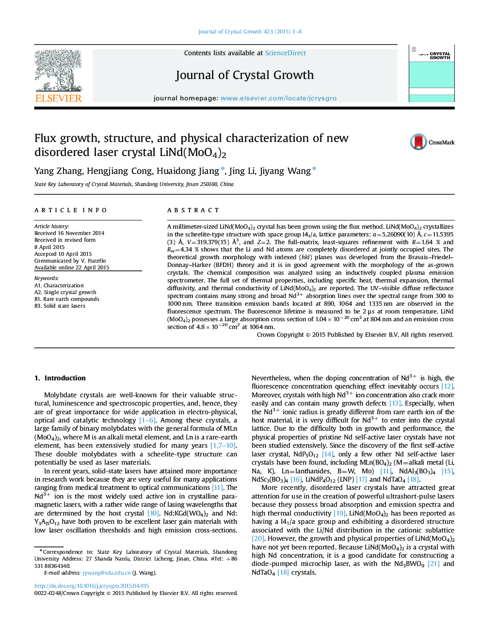 Flux growth, structure, and physical characterization of new disordered laser crystal LiNd(MoO4)2