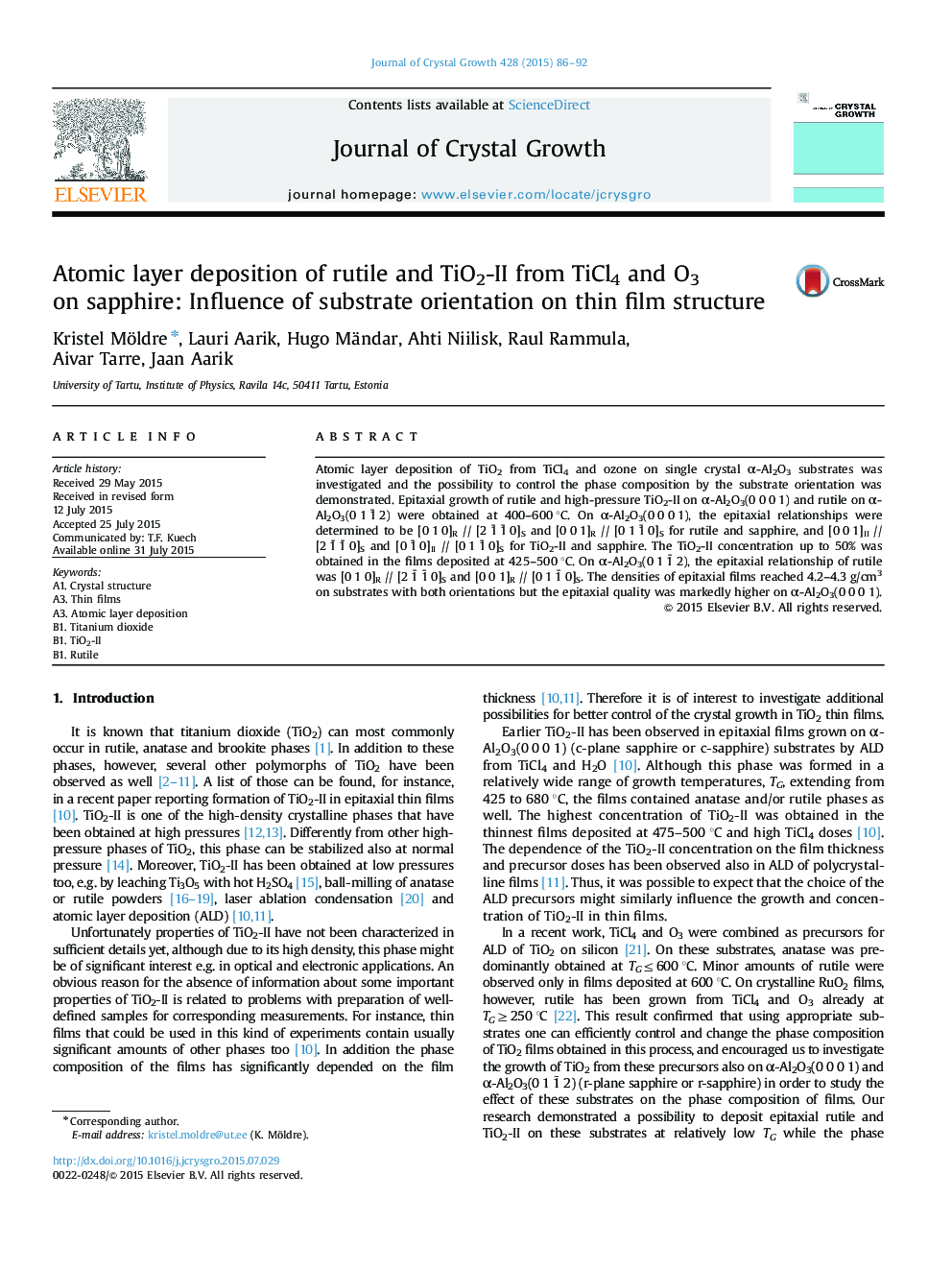 Atomic layer deposition of rutile and TiO2-II from TiCl4 and O3 on sapphire: Influence of substrate orientation on thin film structure