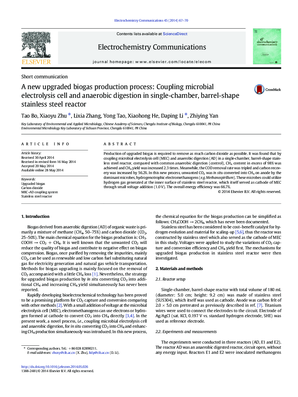 A new upgraded biogas production process: Coupling microbial electrolysis cell and anaerobic digestion in single-chamber, barrel-shape stainless steel reactor