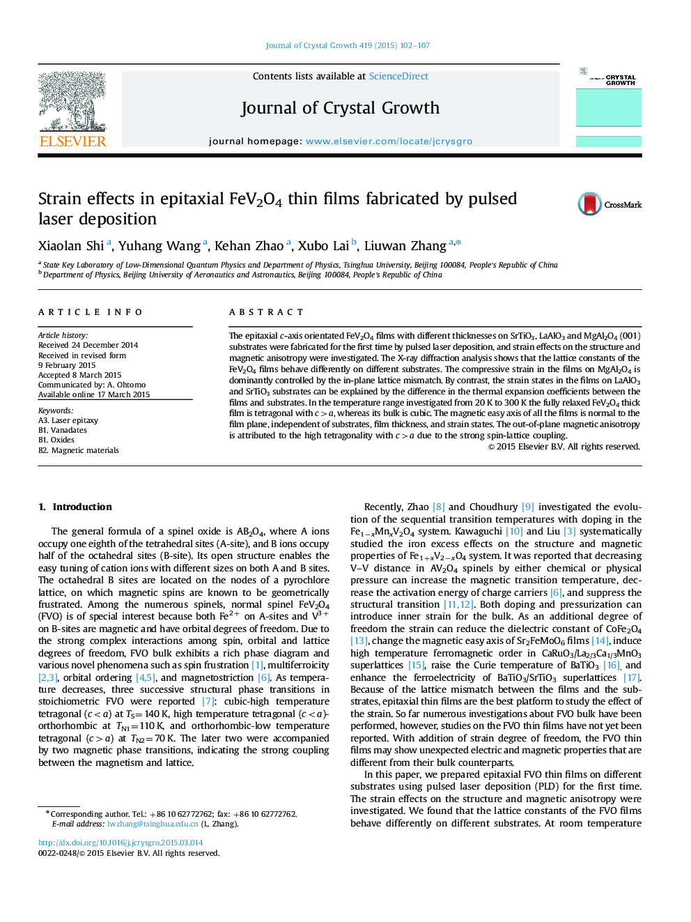 Strain effects in epitaxial FeV2O4 thin films fabricated by pulsed laser deposition