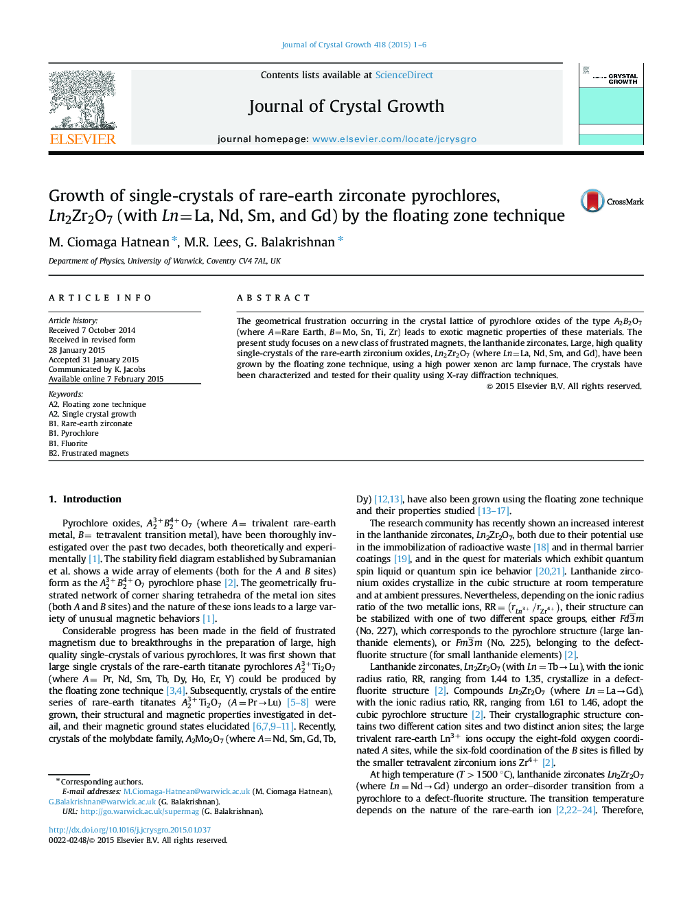 Growth of single-crystals of rare-earth zirconate pyrochlores, Ln2Zr2O7Ln2Zr2O7 (with Ln=La, Nd, Sm, and Gd) by the floating zone technique