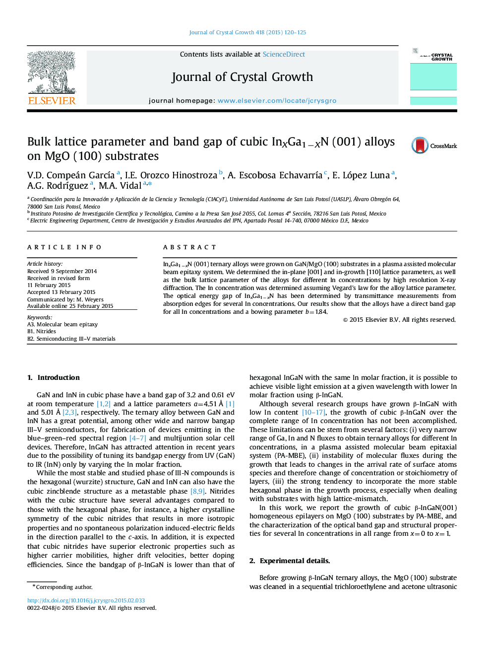 Bulk lattice parameter and band gap of cubic InXGa1−XN (001) alloys on MgO (100) substrates