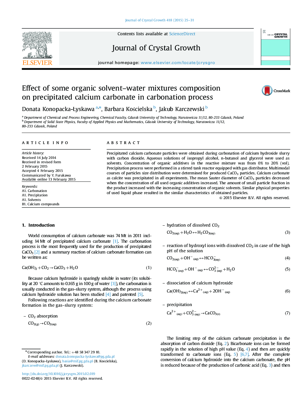 Effect of some organic solvent–water mixtures composition on precipitated calcium carbonate in carbonation process